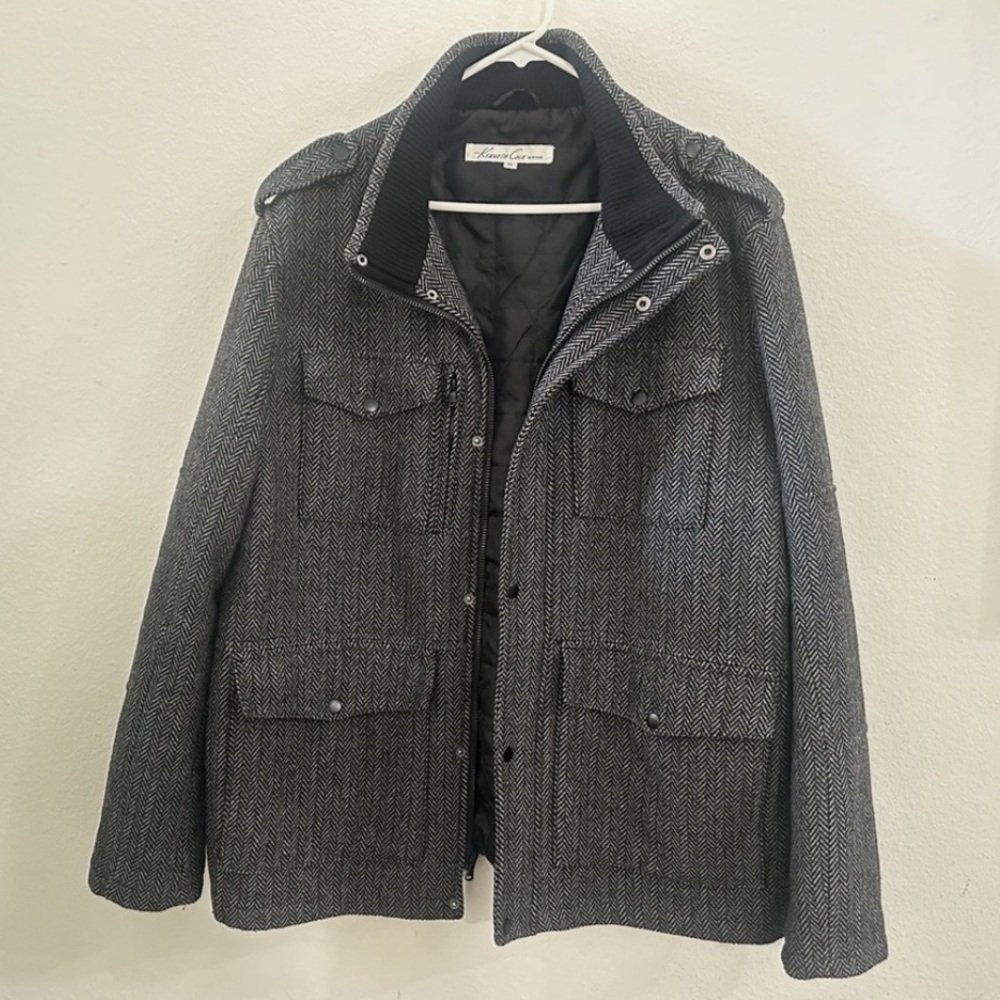 Kenneth Cole NY Herringbone Tweed Wool Bomber Field Mens SizeXL Gray Wool Jacket